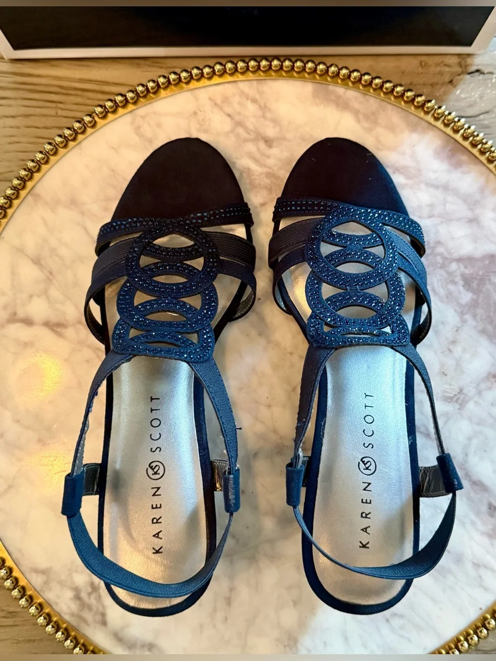 KAREN SCOTT Navy Elastic Comfort Rhinestone Wedge Sandals | SZ. 7 (NWB)